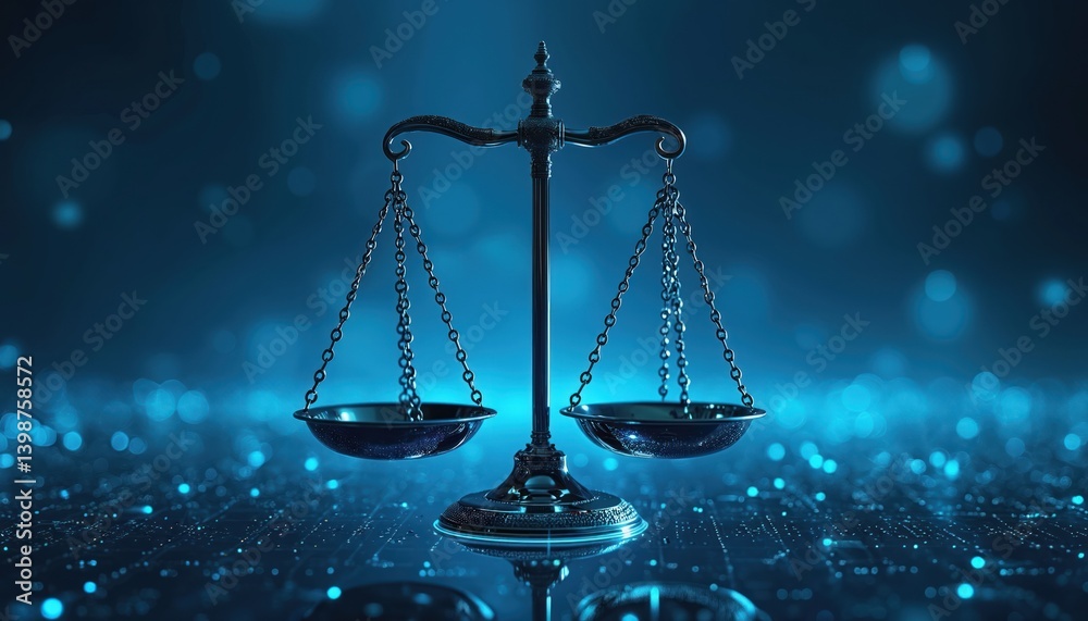 Aufkleber digital illustration scales of justice in data network concept. metallic scales on futuristic blue d
