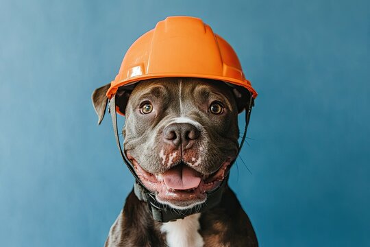 A cute dog donning a hard hat, showcasing safety and construction vibes, placed on a colorful backdrop. Great for DIY projects