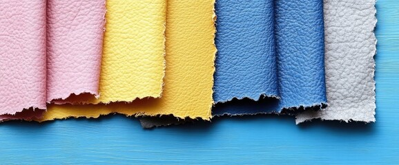 Colorful leather samples with frayed edges on a blue wooden surface