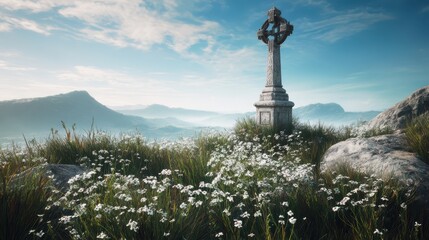 Obraz premium A beautiful landscape with white wildflowers, grass, and mountains in the background