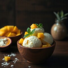 A wooden bowl with three scoops of ice cream topped with fresh mango chunks and mint leaves on top.