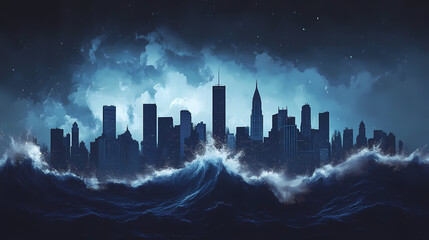 Fototapeta premium City skyline during a hurricane event skyline silhouette. Event Horizon. Illustration