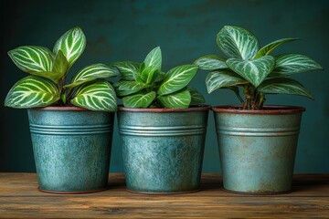 Three leafy plants sit in metal pots, grouped together on a wooden surface against a green backdrop