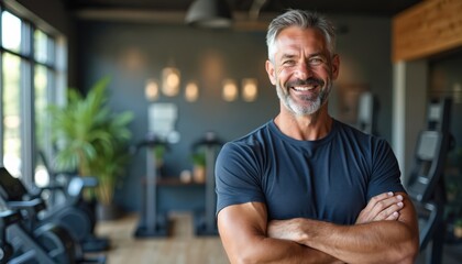 Mature fitness studio owner smiling, arms crossed. Happy man celebrates business expansion, new location. Gym, wellness center, active lifestyle. Healthy male, confident, successful entrepreneur,