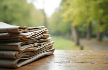 Stack of newspapers lies wooden surface. Focus on stack. Blurred background of green trees with a path. Sunlight, information news, print media concept.
