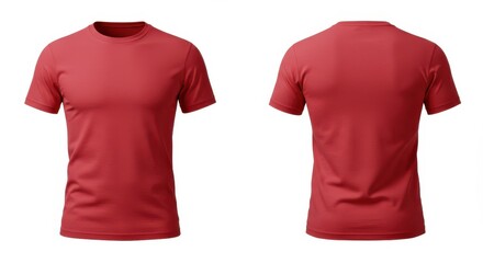 Two views of a red short sleeved t shirt isolated on a white background, front and back view shown