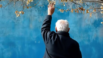 Elderly man reaches for leaves from park bench against blue wall background. World Parkinson Day