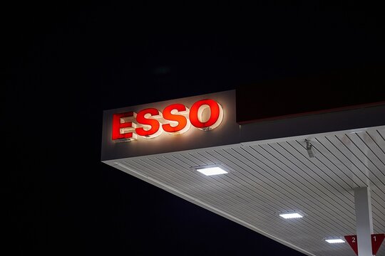 Petrol station Esso logo at night