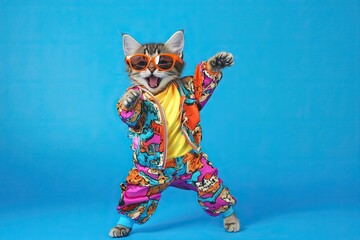 A cat adorned in bright clothes and sunglasses, joyfully dancing on a green background
