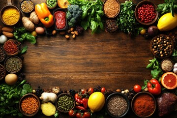 A colorful frame of fresh foods borders a wooden background with ample copy space in the middle