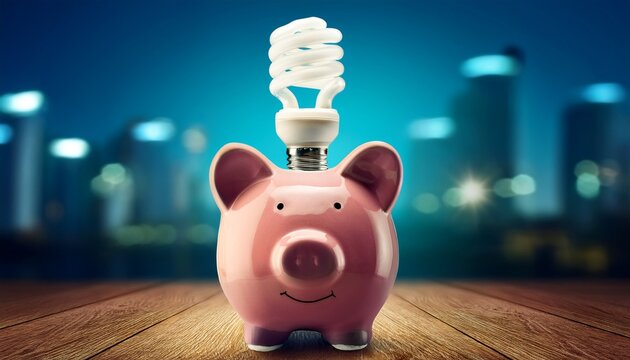 compact fluorescent lightbulb representing energy savings in a piggybank
