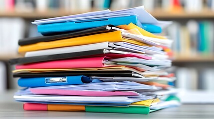 Colorful stack of documents sits on a light colored surface