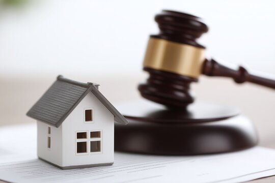 Real estate auction concept. Gavel and miniature house model on legal document convey property law, home ownership, and the legal process for mortgage foreclosure