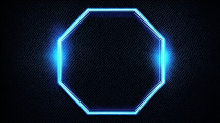 Blue neon glowing empty octagon frame on a dark background