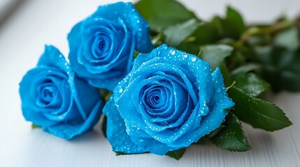 Beautiful blue roses displaying water droplets in soft natural lighting