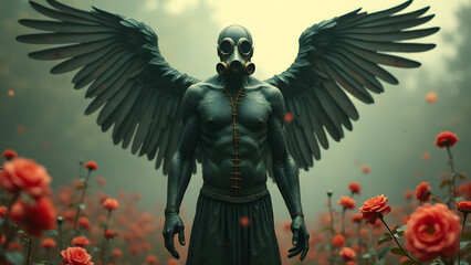 Fototapeta premium A plague angel's glass body holds black cure, steel wings among withered roses. 8K apocalyptic medical surrealism.