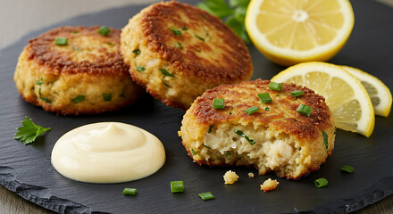 Golden-brown crab cakes on a slate platter, accompanied by creamy sauce and lemon slices, creating an appetizing seafood presentation.