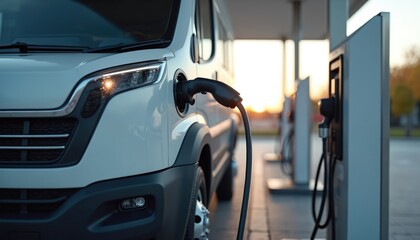 Modern electric truck charges at filling station. Eco-friendly car at charging point. Sustainable transport, future of mobility. Vehicle with cable plugged in. Eco tech, environmental protection.