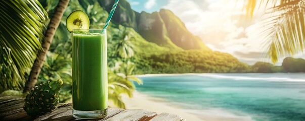 A blissful tropical scene under palm trees, featuring a green smoothie, epitomizing health and relaxation in a lush setting.