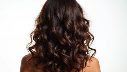 Woman with voluminous curly hair from the back. Showcases natural texture, rich dark color. Beautiful, healthy, shiny, wavy locks. Hair care, styling, salon, beauty industry themes.