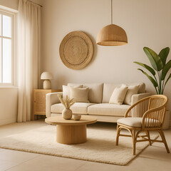 Scandinavian Boho Living Room with Rattan Accents and Soft Neutrals – 3D Illustration