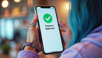 Teenage girl holding smartphone with payment approved notification and green checkmark displayed on screen, confirming successful transaction in online shopping or banking, over the shoulder view