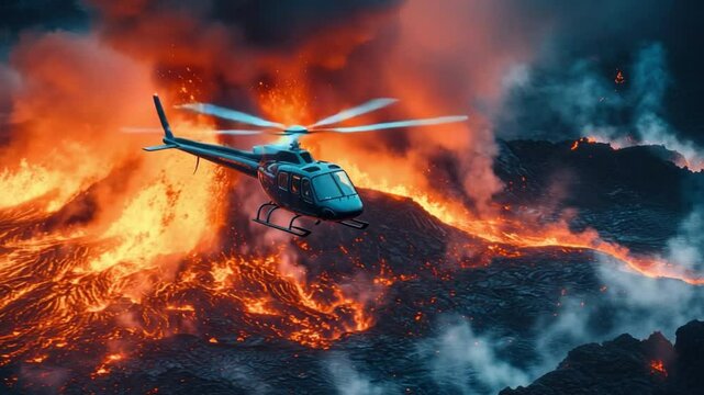Emergency Rescue Over Erupting Volcano: A helicopter fearlessly navigates above an active volcano, showcasing the dramatic intersection of nature's raw power and human intervention.
