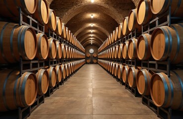 Oak barrels cellar winery. Wooden kegs in wine storage. Alcoholic drinks aging process. Underground warehouse with fermented drinks. Wine tasting concept.