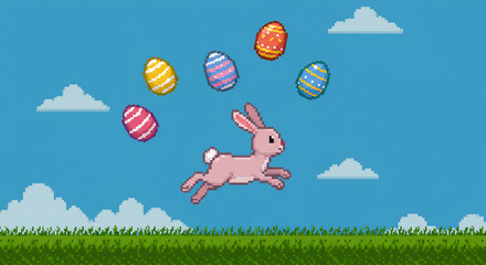 A happy easter playful pink bunny rabbit joyfully leaps across a sunny springtime sky, playfully dodging colorful Easter eggs in a vibrant pixel art scene.