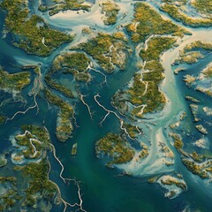 a complex river delta with multiple interweaving waterways isolated on a plain background  a network of reflective water channels 