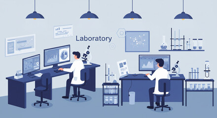 Scientists Working on their Computers In Big Modern Laboratory. Various Shelves with Beakers, Chemicals and Different Technical Equipment is Visible