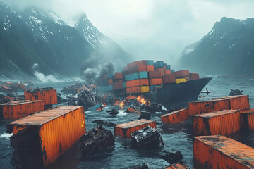 Photo of cargo ship disaster at sea, with wreckage floating in water, captures the devastation.