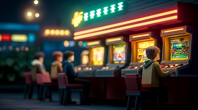 Children engaging with arcade games in a vibrant gaming hall filled with colorful lights