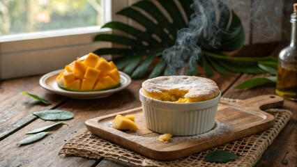 Warm mango soufflé with powdered sugar and fresh mango near window