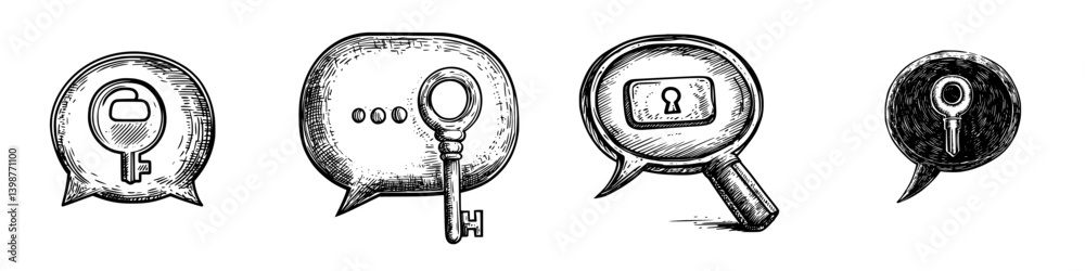 Poster creative sketches of key and lock symbols in speech bubbles representing communication about securit