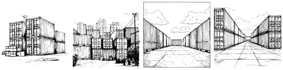 Fototapeta premium Urban shipping containers create a unique landscape in a bustling city setting during daylight hours