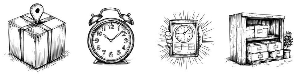 Illustrations of various time management and organization concepts with boxes, clocks, and storage