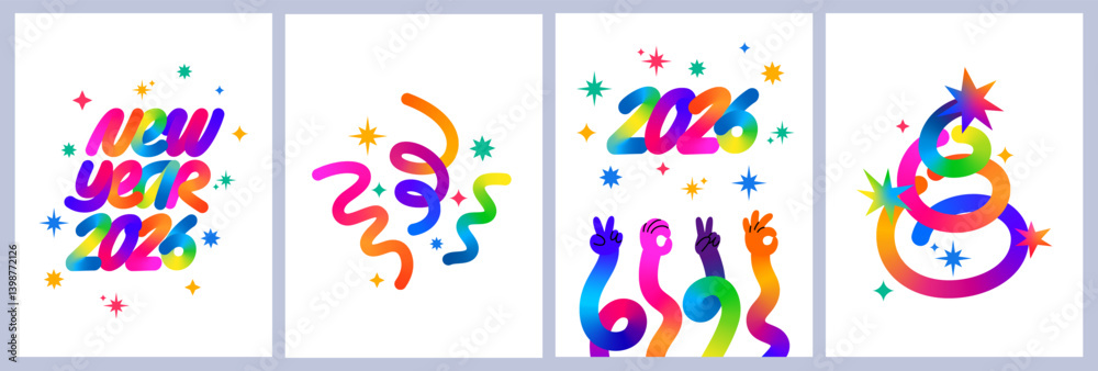 Poster 2026 happy new year backgrounds. vector party card color design with confetti. new year holiday gree