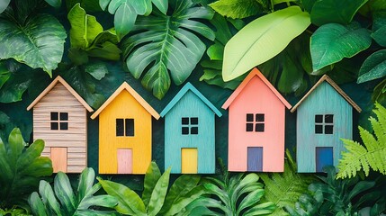 A charming scene colorful wooden houses surrounded by lush greenery, representing real estate concepts and property investment ideas