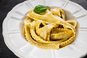 Pappardelle pasta filling main course appetizer vegetables dish fresh delicious gourmet food background on the table rustic food top view copy space  vegetarian and vegan food