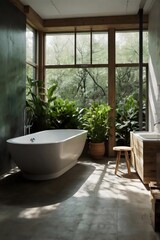 A bathroom with a large window and a bathtub