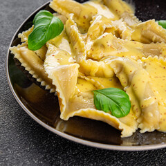 Pappardelle pasta filling main course appetizer vegetables dish fresh delicious gourmet food background on the table rustic food top view copy space  vegetarian and vegan food