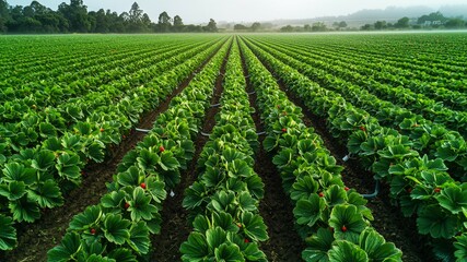 Aerial view of misty California strawberry fields at dawn with irrigation
