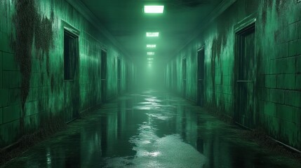 Creepy Green Corridor with Moist Walls and Foggy Atmosphere for Horror Mystery or Thriller Th