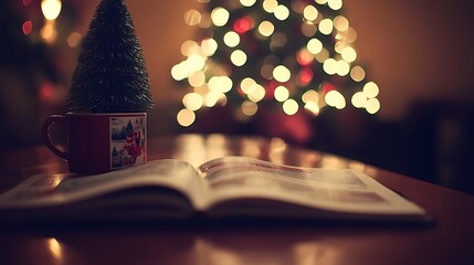 A cozy christmas scene with a christmas tree and a book.