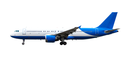 Side view of a blue and white airplane with visible wings engines and landing gear on black background