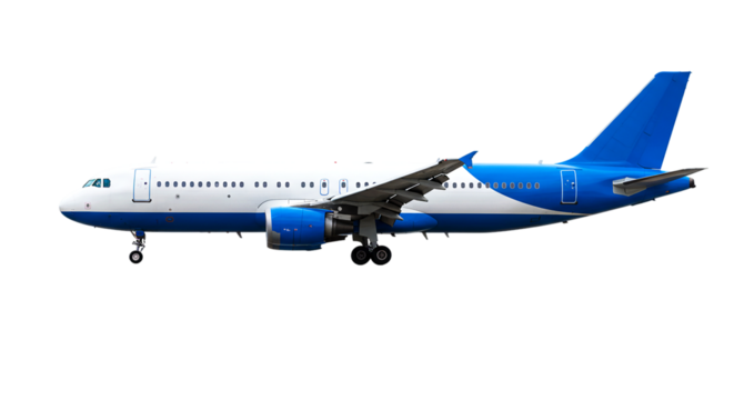 Side view of a blue and white airplane with visible wings engines and landing gear on black background