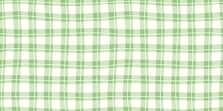 Seamless green plaid pattern with soft wavy lines and checkered grid layout. Classic textile style suitable for spring fabric, wrapping, clothing, wallpaper, or background design. Retro-inspired look.