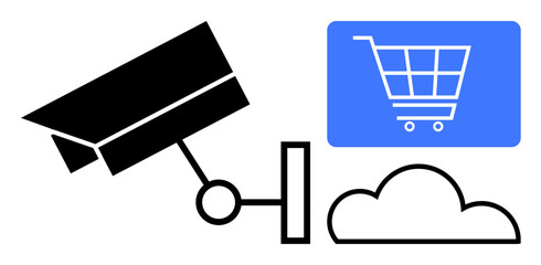 Black surveillance camera, cloud, and shopping cart icon on blue background emphasizing digital security, online monitoring, and e-commerce safety. Ideal for cybersecurity, cloud storage, online