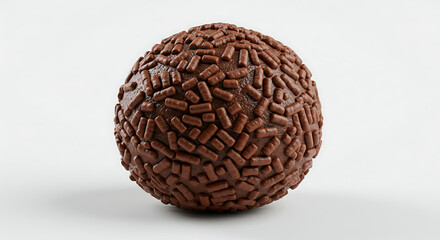 Chocolate Brigadeiro: A close-up shot showcases a single, delectable brigadeiro, a traditional Brazilian confection, with a smooth, creamy interior enrobed in a coating of rich chocolate sprinkles.